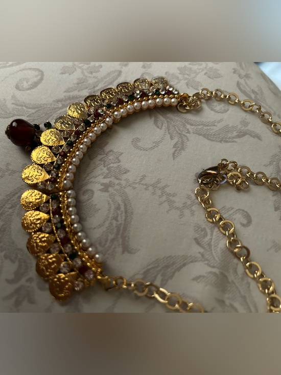 Jewelry - Gold Pearl and Red Accent Women's Necklace Bollywood vibe